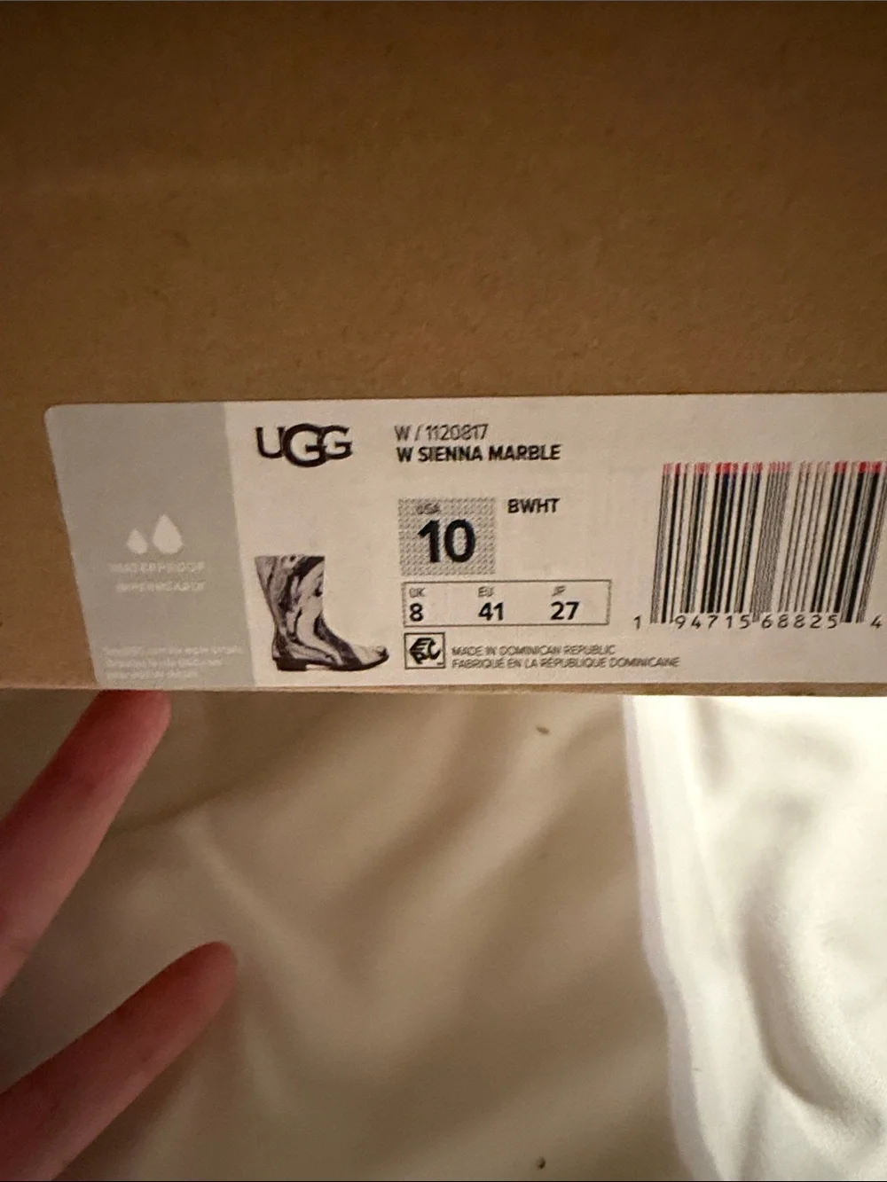 UGG Beige Marble-Print Rain Boots with Black Swirl Accents
